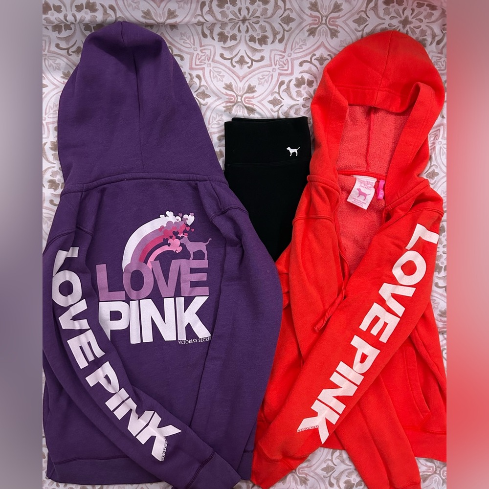 2 PINK Victoria’s Secret hoodies & 1 extra small PINK Victoria’s Secret leggings